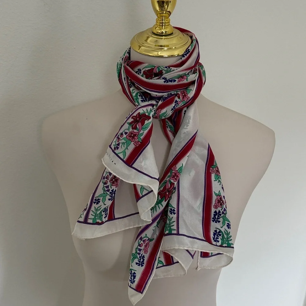 Gorgeous Vintage Hattie Carnegie Oblong White Green Purple and Burgundy Scarf